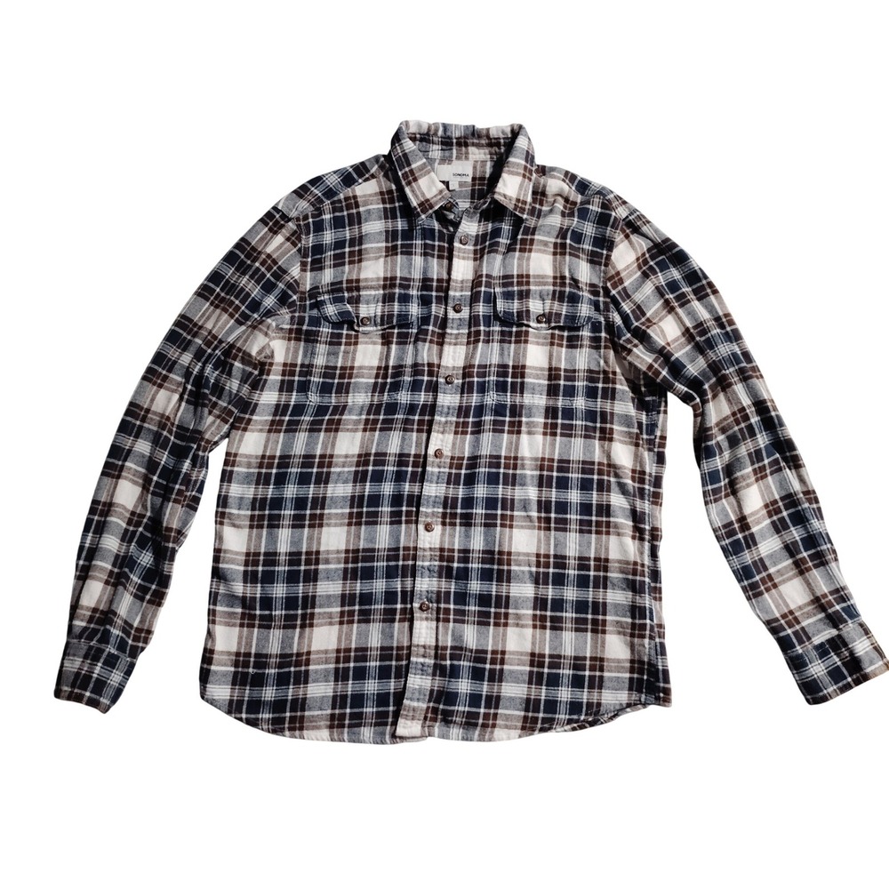 Sonoma‎ Flannel Shirt Large Navy Blue Brown Plaid Cotton Button Down L Pocket